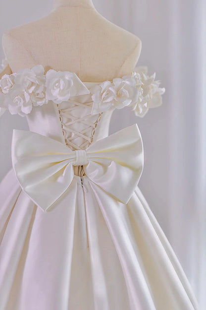 White Satin Long Ball Gown, A-Line Flower Wedding Gown with Bow TP539