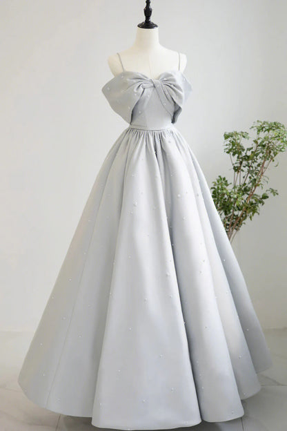 Gray Satin Long A-Line Prom Dress, Off the Shoulder Evening Dress with Pearls TP541