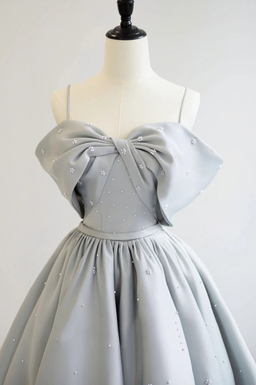 Gray Satin Long A-Line Prom Dress, Off the Shoulder Evening Dress with Pearls TP541