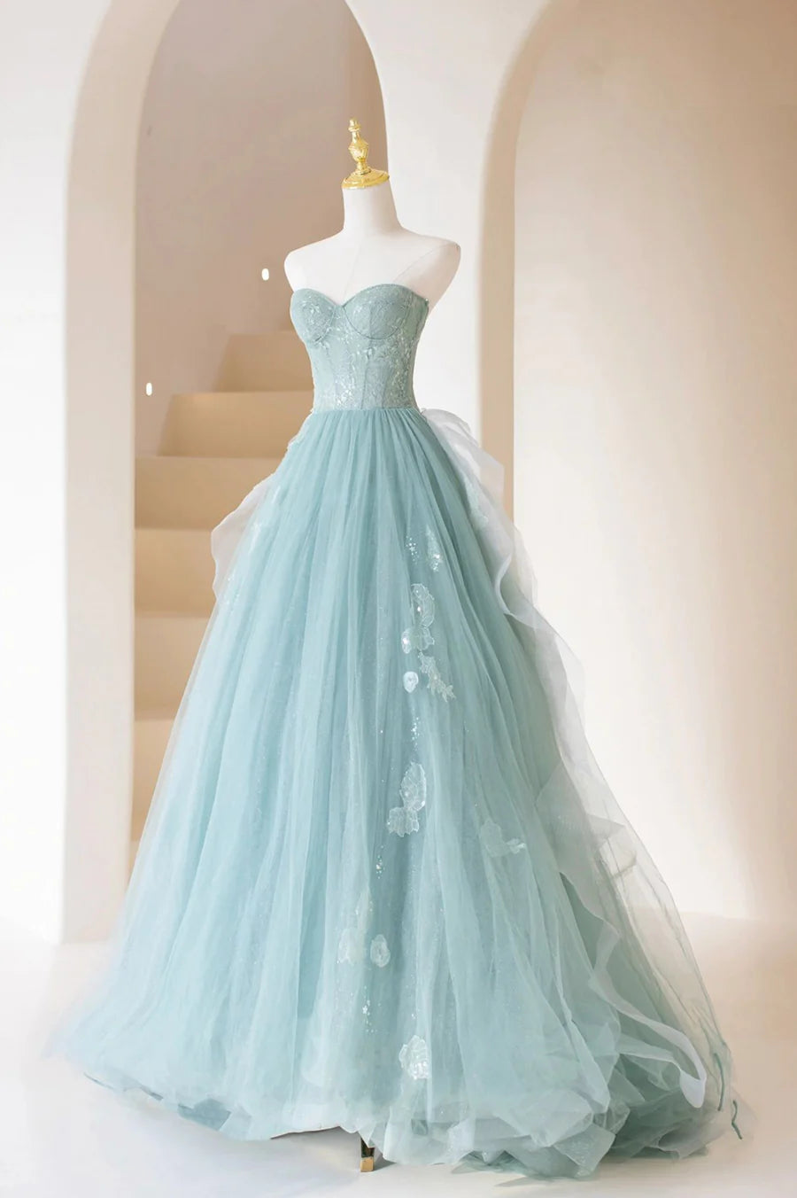 Cute Tulle Strapless Long Prom Dress, A-Line Lace Formal Evening Dress TP542