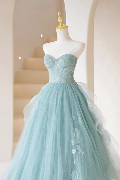 Cute Tulle Strapless Long Prom Dress, A-Line Lace Formal Evening Dress TP542