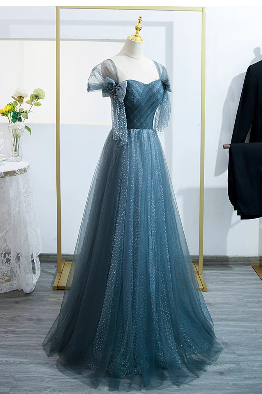 Blue Tulle Long A-Line Prom Dress, Lovely Blue Evening Party Dress TP545