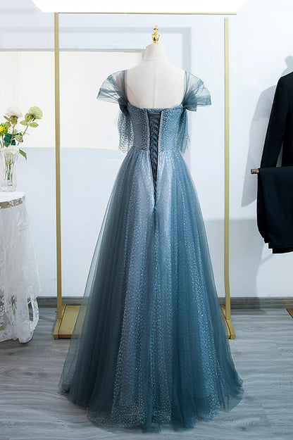 Blue Tulle Long A-Line Prom Dress, Lovely Blue Evening Party Dress TP545