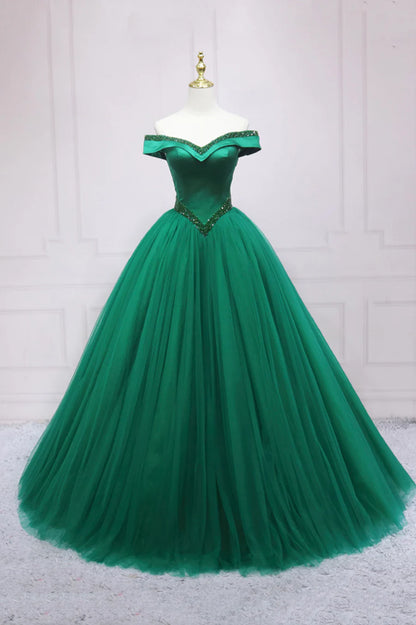 Green Tulle Long A-Line Ball Gown, Off the Shoulder Evening Dress TP546