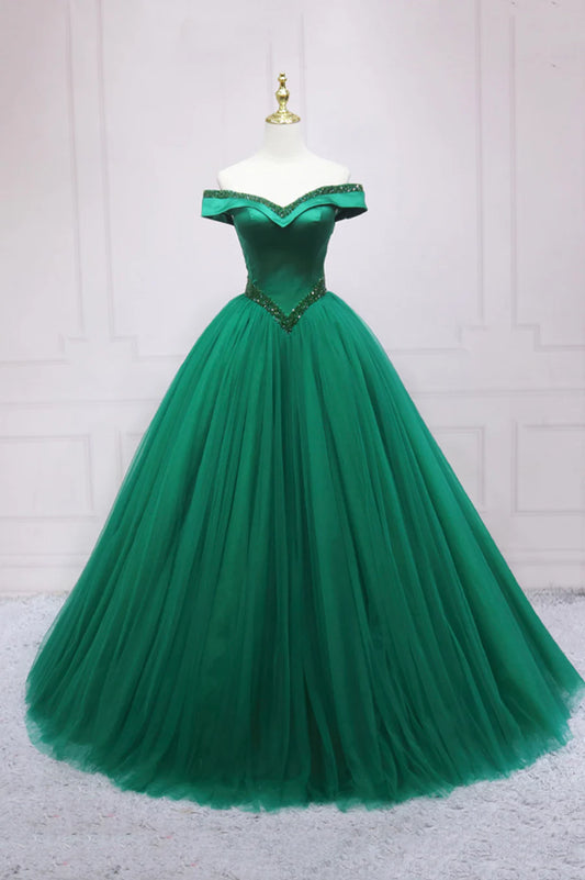 Green Tulle Long A-Line Ball Gown, Off the Shoulder Evening Dress TP546
