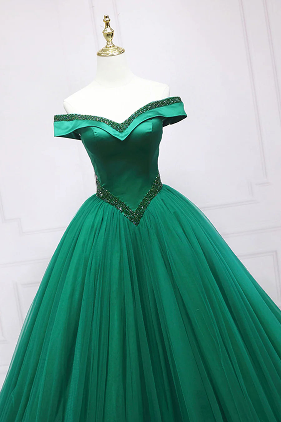 Green Tulle Long A-Line Ball Gown, Off the Shoulder Evening Dress TP546