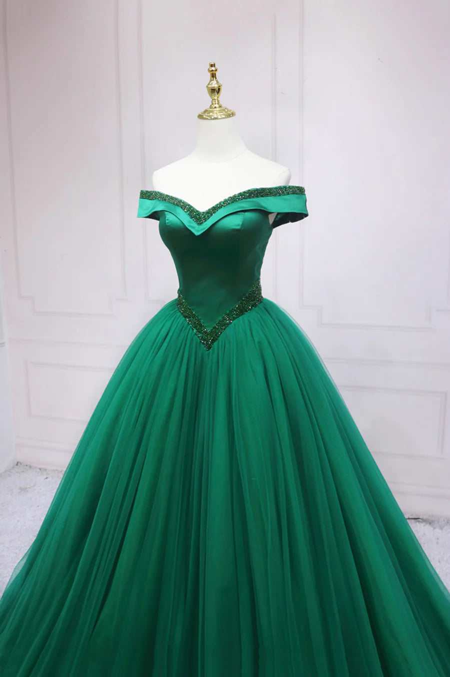Green Tulle Long A-Line Ball Gown, Off the Shoulder Evening Dress TP546