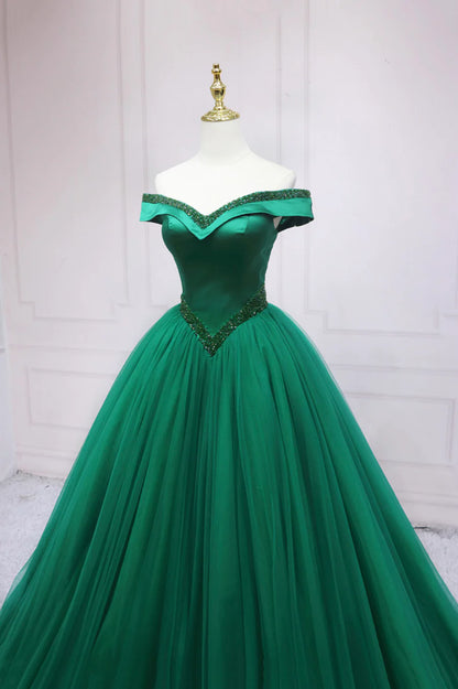Green Tulle Long A-Line Ball Gown, Off the Shoulder Evening Dress TP546
