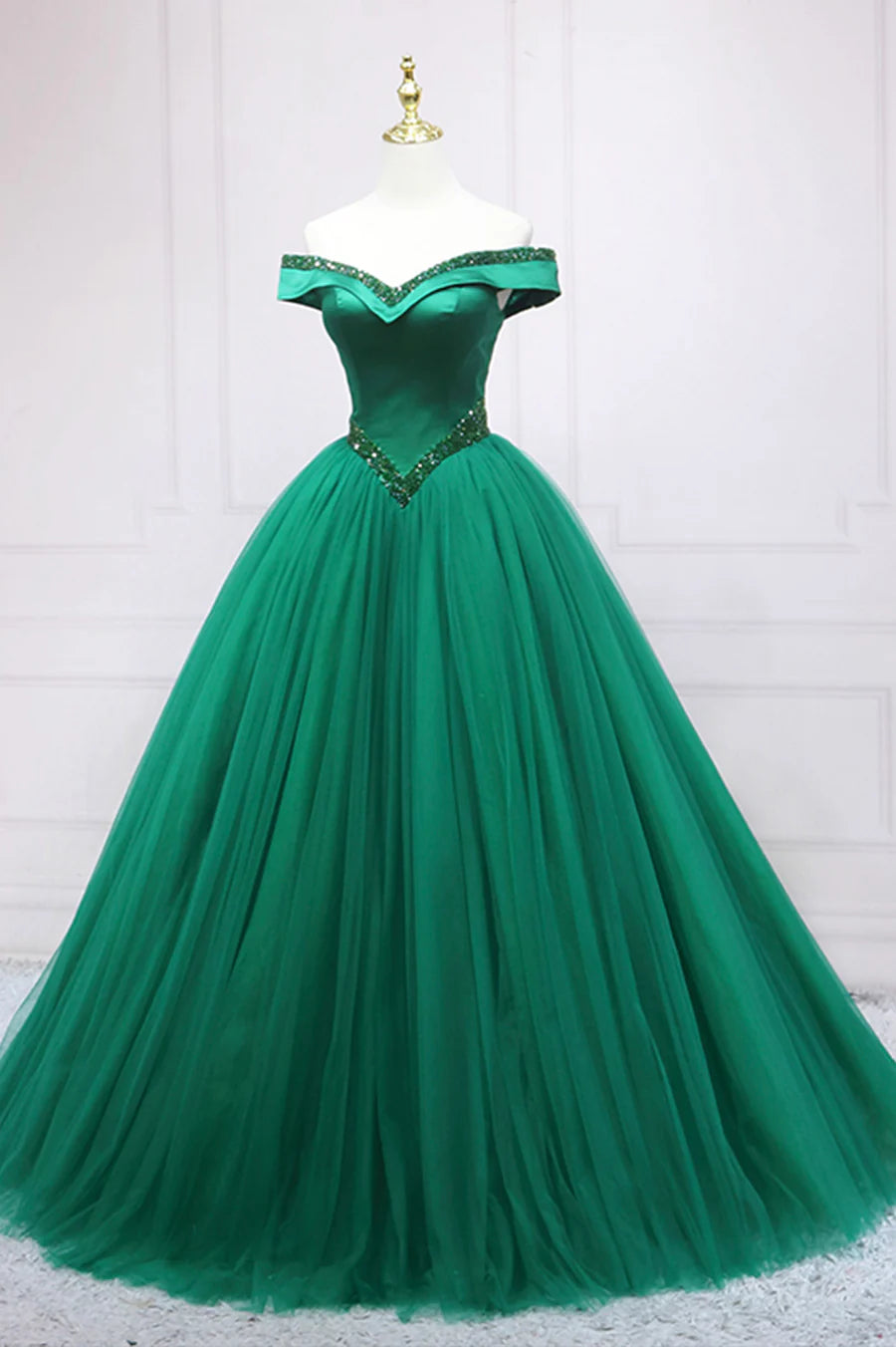 Green Tulle Long A-Line Ball Gown, Off the Shoulder Evening Dress TP546