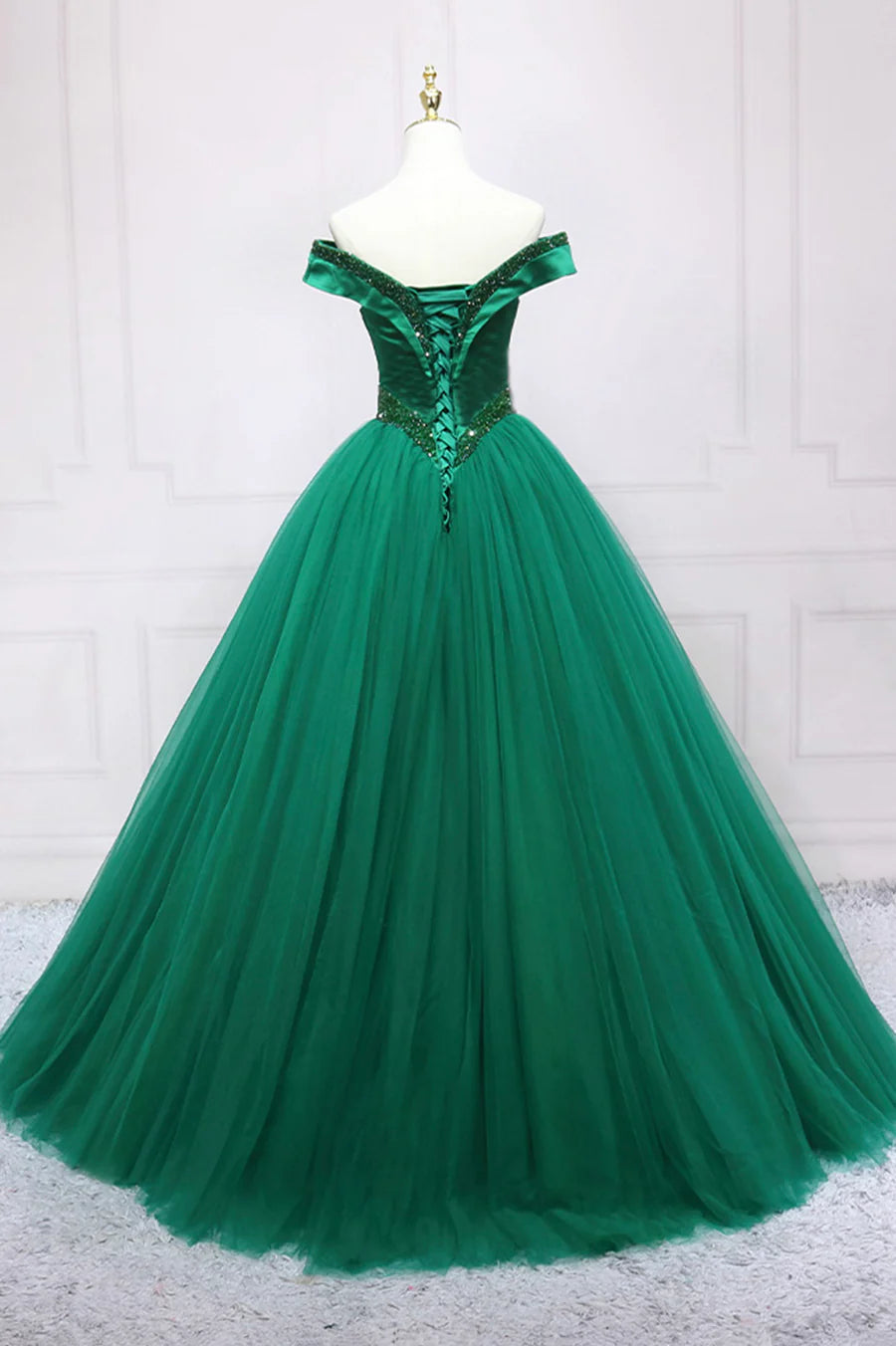 Green Tulle Long A-Line Ball Gown, Off the Shoulder Evening Dress TP546