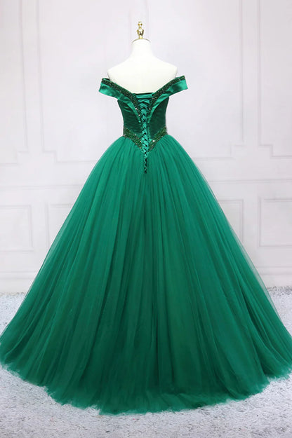 Green Tulle Long A-Line Ball Gown, Off the Shoulder Evening Dress TP546