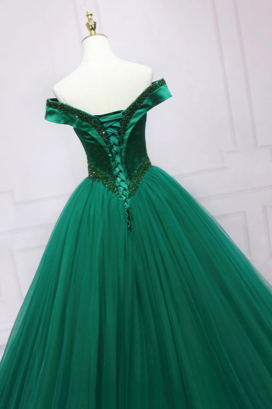 Green Tulle Long A-Line Ball Gown, Off the Shoulder Evening Dress TP546
