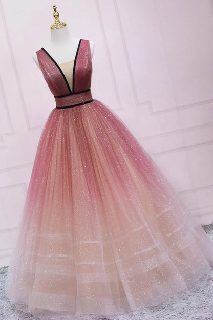 Cute Ombre Tulle V-Neck Long Party Dress, A-line Prom Dress TP547