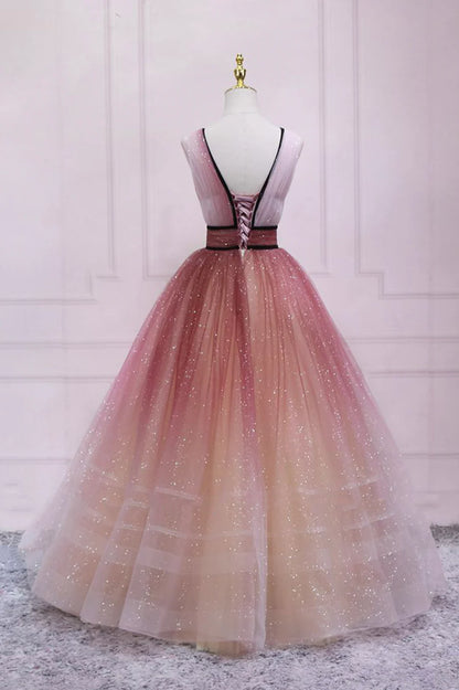 Cute Ombre Tulle V-Neck Long Party Dress, A-line Prom Dress TP547