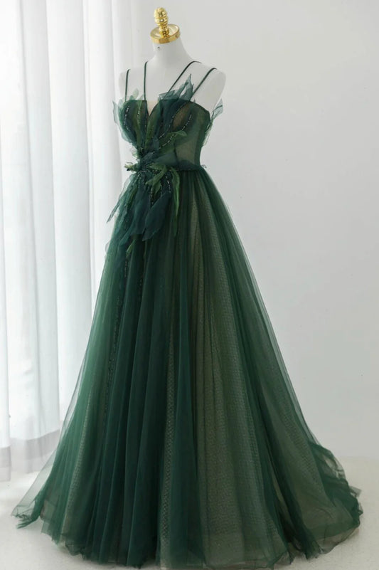 Green Tulle Long A-Line Prom Dress, Green Formal Evening Dress TP548