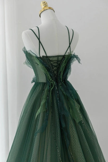 Green Tulle Long A-Line Prom Dress, Green Formal Evening Dress TP548