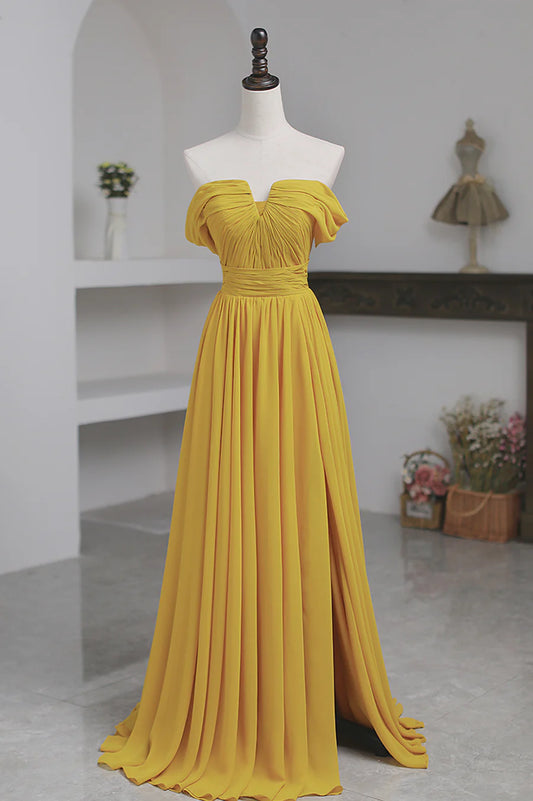 Yellow Chiffon Long Prom Dress, A-Line Off the Shoulder Evening Dress TP551