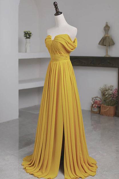 Yellow Chiffon Long Prom Dress, A-Line Off the Shoulder Evening Dress TP551