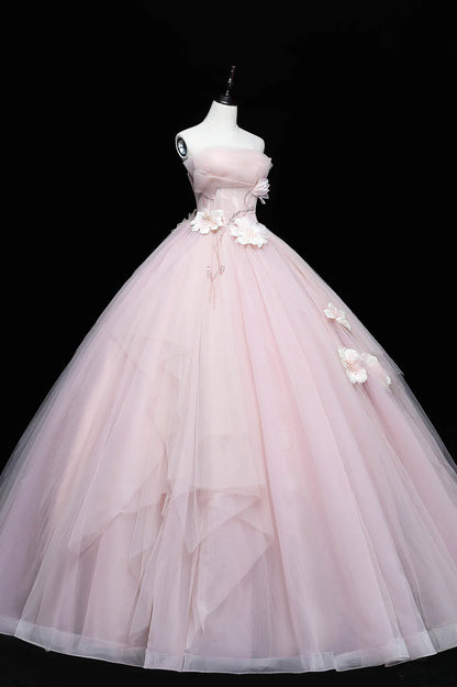 Lovely Pink Tull Applique Ball Gown Formal Dress, Pink Sweet 16 Dress TP553