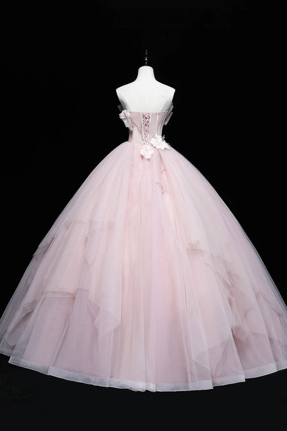 Lovely Pink Tull Applique Ball Gown Formal Dress, Pink Sweet 16 Dress TP553