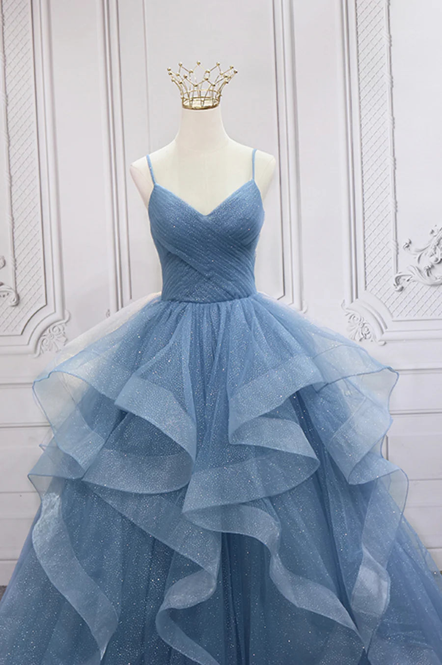 Blue V-Neck Tulle Long Formal Gown, A-Line Blue Evening Dress TP554