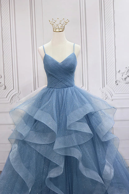 Blue V-Neck Tulle Long Formal Gown, A-Line Blue Evening Dress TP554