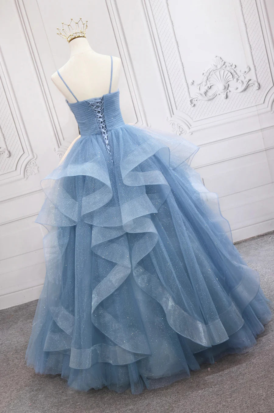 Blue V-Neck Tulle Long Formal Gown, A-Line Blue Evening Dress TP554