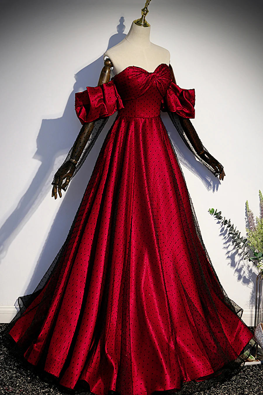 Burgundy Satin Tulle Long Prom Dress, A-Line Sweetheart Neck Evening Dress TP556