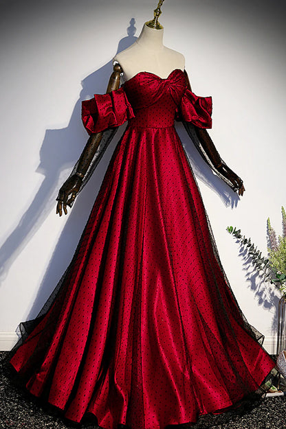Burgundy Satin Tulle Long Prom Dress, A-Line Sweetheart Neck Evening Dress TP556