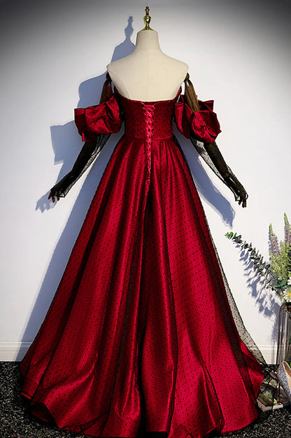 Burgundy Satin Tulle Long Prom Dress, A-Line Sweetheart Neck Evening Dress TP556