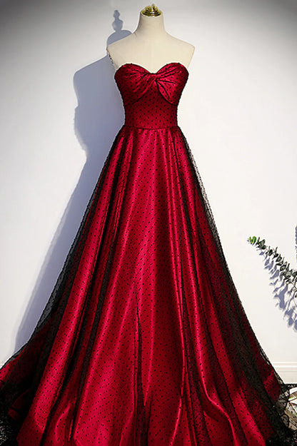 Burgundy Satin Tulle Long Prom Dress, A-Line Sweetheart Neck Evening Dress TP556