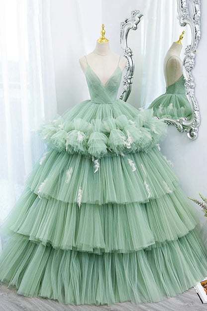 Green V-Neck Layers Tulle Long Ball Gown, A-Line Formal Gown TP557