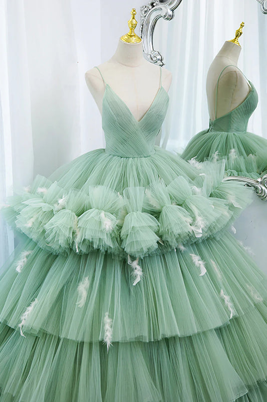 Green V-Neck Layers Tulle Long Ball Gown, A-Line Formal Gown TP557
