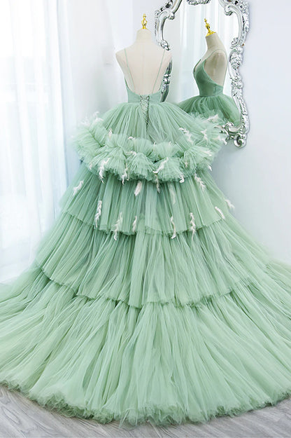 Green V-Neck Layers Tulle Long Ball Gown, A-Line Formal Gown TP557
