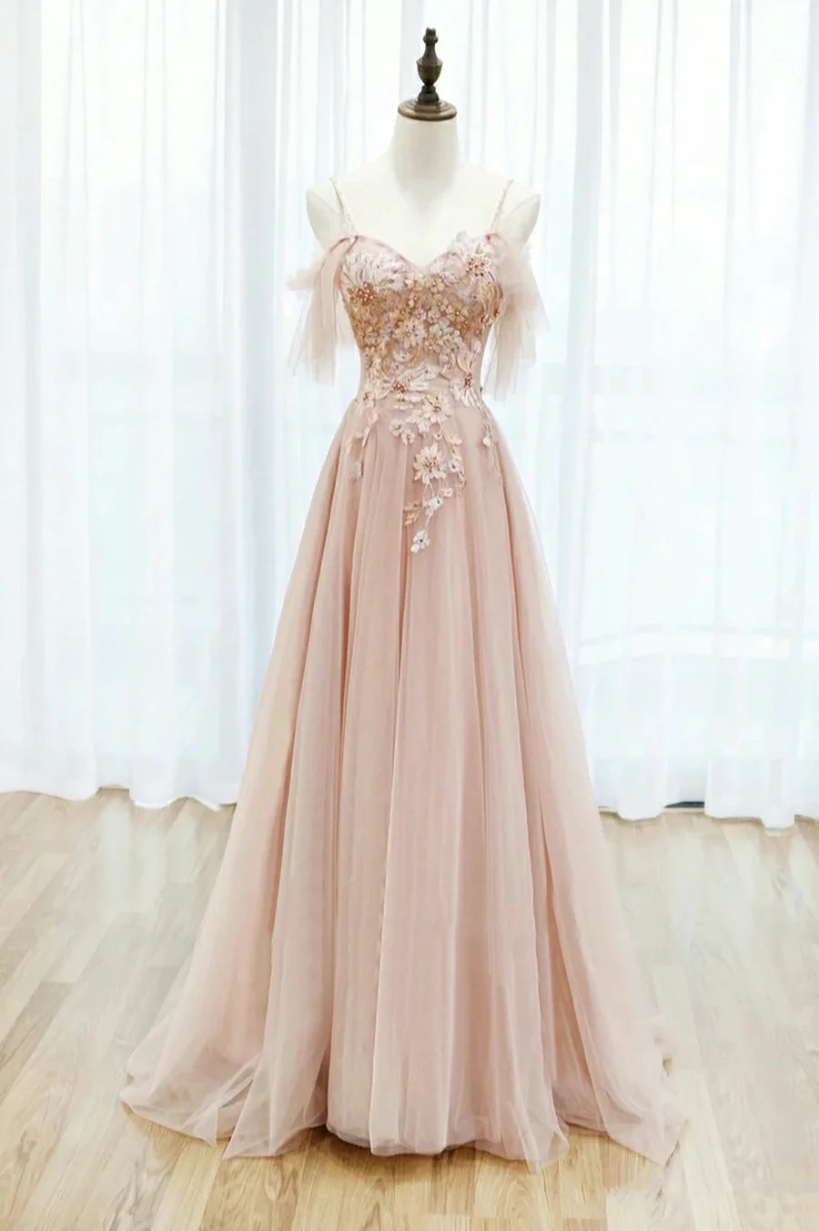 Pink Tulle Lace Long A-Line Prom Dress, Spaghetti Strap Formal Evening Dress TP560