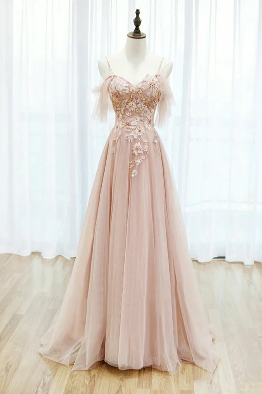 Pink Tulle Lace Long A-Line Prom Dress, Spaghetti Strap Formal Evening Dress TP560