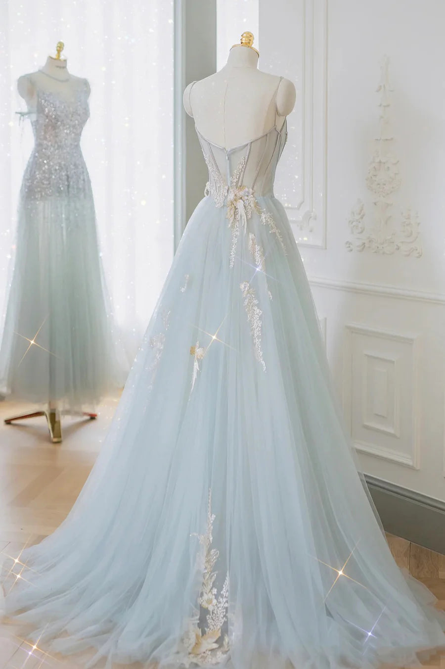 Blue Tulle Lace Long Prom Dress, A-Line Strapless Evening Dress TP562