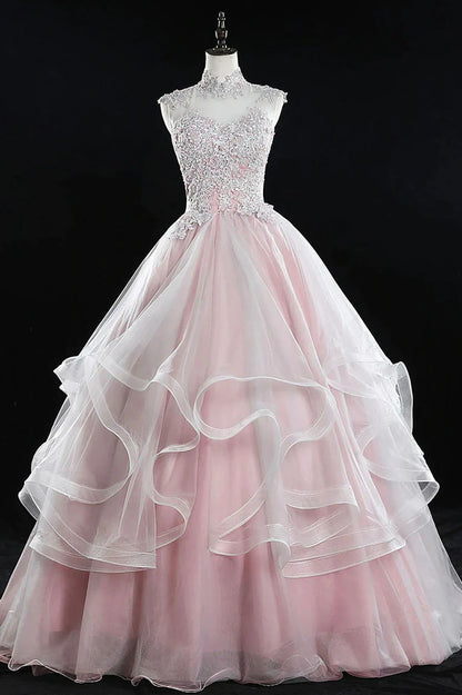 Pink Tulle Lace Sweet 16 Dresses, Long Quinceanera Dresses TP564