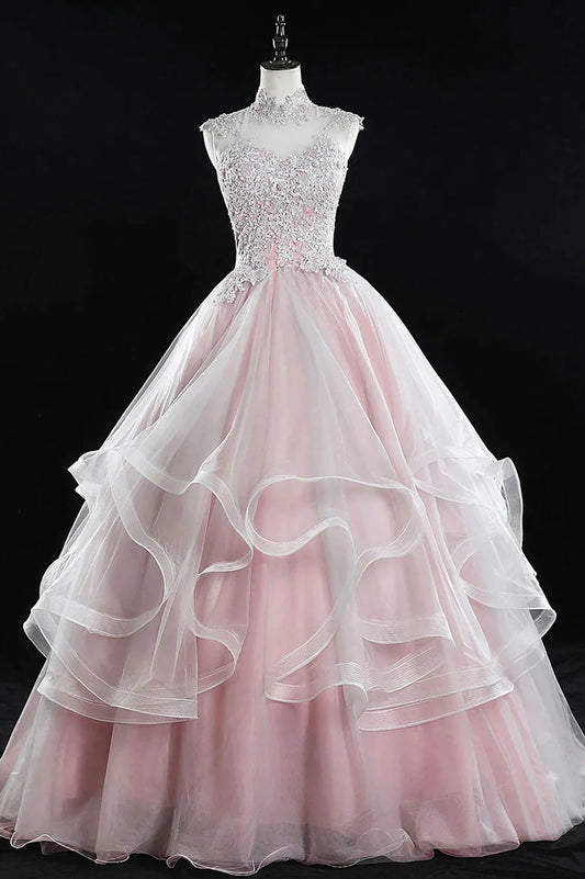 Pink Tulle Lace Sweet 16 Dresses, Long Quinceanera Dresses TP564