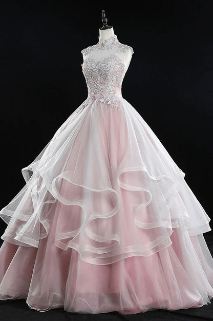 Pink Tulle Lace Sweet 16 Dresses, Long Quinceanera Dresses TP564