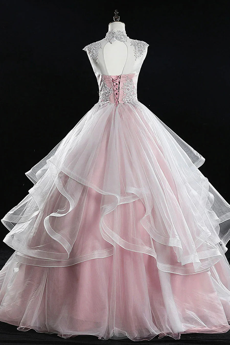 Pink Tulle Lace Sweet 16 Dresses, Long Quinceanera Dresses TP564