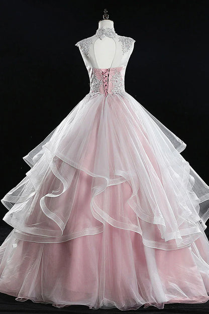 Pink Tulle Lace Sweet 16 Dresses, Long Quinceanera Dresses TP564