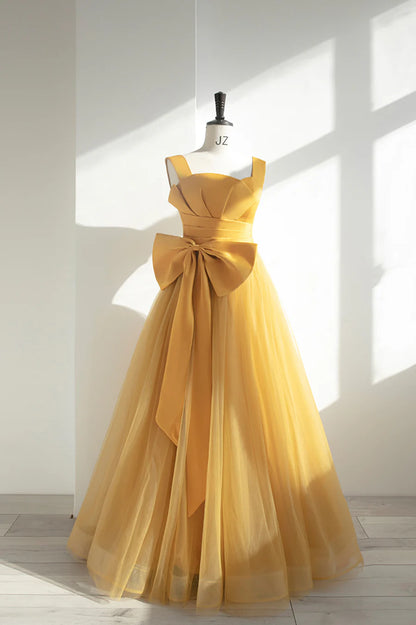 Yellow Satin Tulle Long Prom Dress, A-Line Evening Dress with Bow TP565