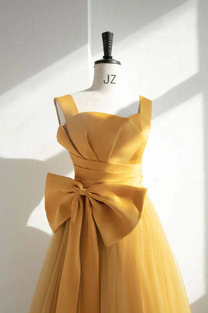 Yellow Satin Tulle Long Prom Dress, A-Line Evening Dress with Bow TP565