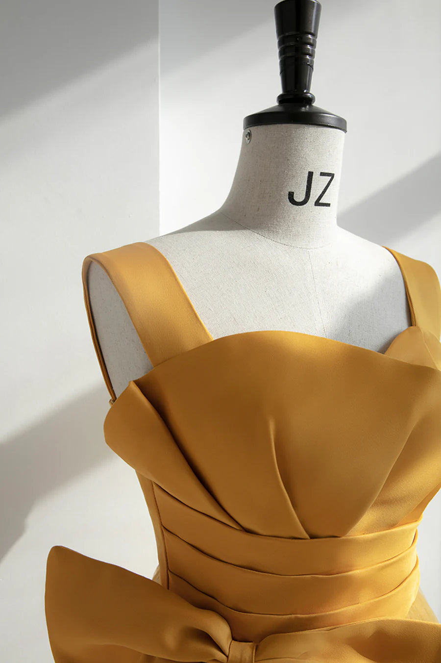 Yellow Satin Tulle Long Prom Dress, A-Line Evening Dress with Bow TP565