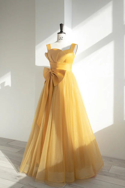 Yellow Satin Tulle Long Prom Dress, A-Line Evening Dress with Bow TP565