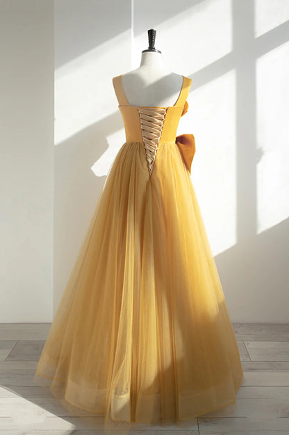 Yellow Satin Tulle Long Prom Dress, A-Line Evening Dress with Bow TP565