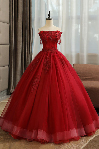 Burgundy Lace Long Formal Evening Dress, A-Line Lace Ball Gown TP567