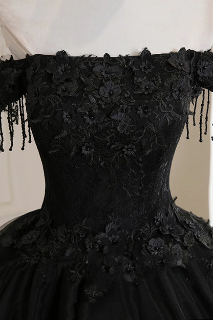 Black Tulle Lace Off the Shoulder Prom Dress, Black A-Line Evening Dress TP568