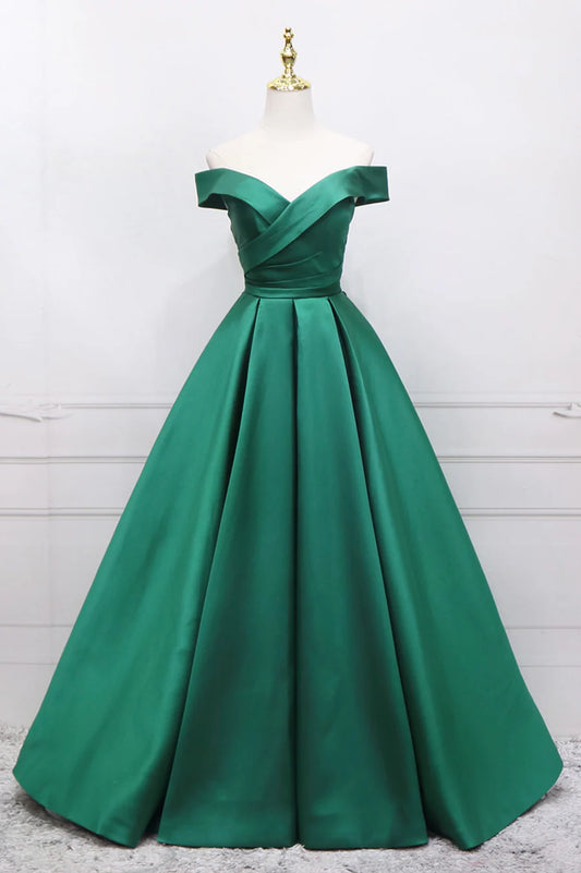 Green Satin Long Prom Dress, Off the Shoulder Evening Party Dress TP569